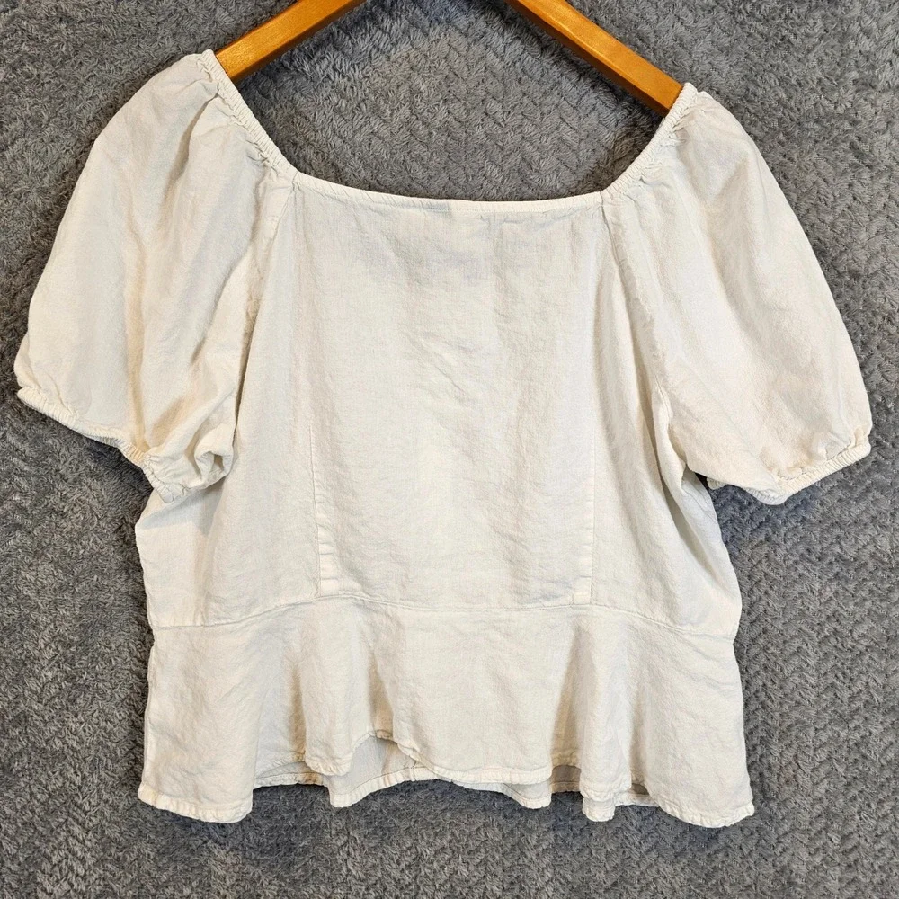 Romantic Cottagecore Women Off White Linen Blend Puff Sleeve Peplum Blouse Large - Picture 7 of 7